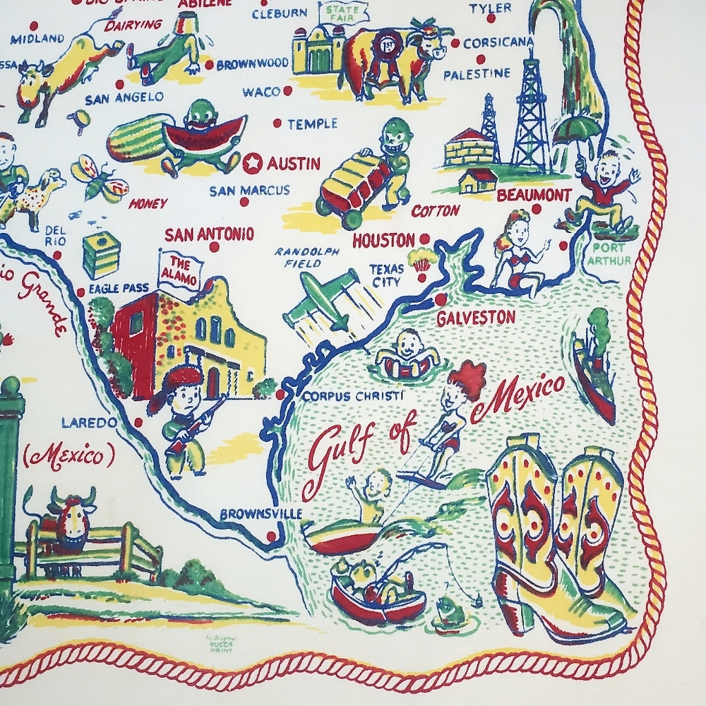 SOLD Vtg Texas Novelty Souvenir Tablecloth 37"x 32" Lone Star State Caricature - Picture 5 of 15